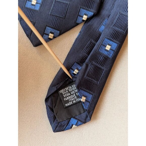 BOSS HUGO BOSS Dress Tie Silk Blue with Squares Geometric Textured Made in Italy - Picture 6 of 6